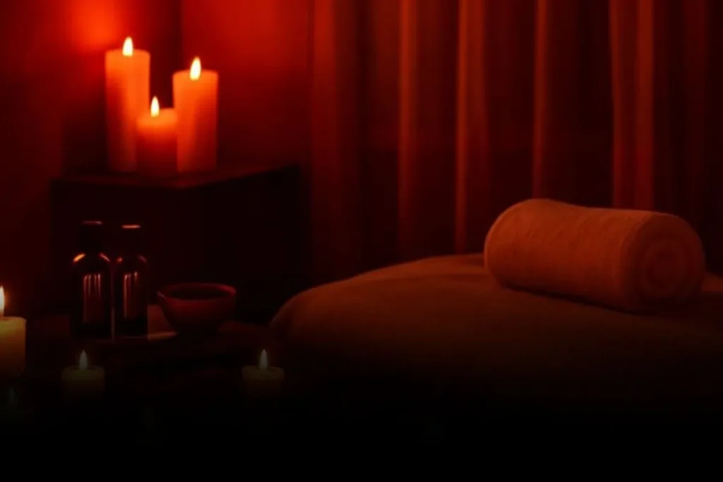 Ambiente de spa com iluminação suave, velas e maca preparada para massagem em Natal