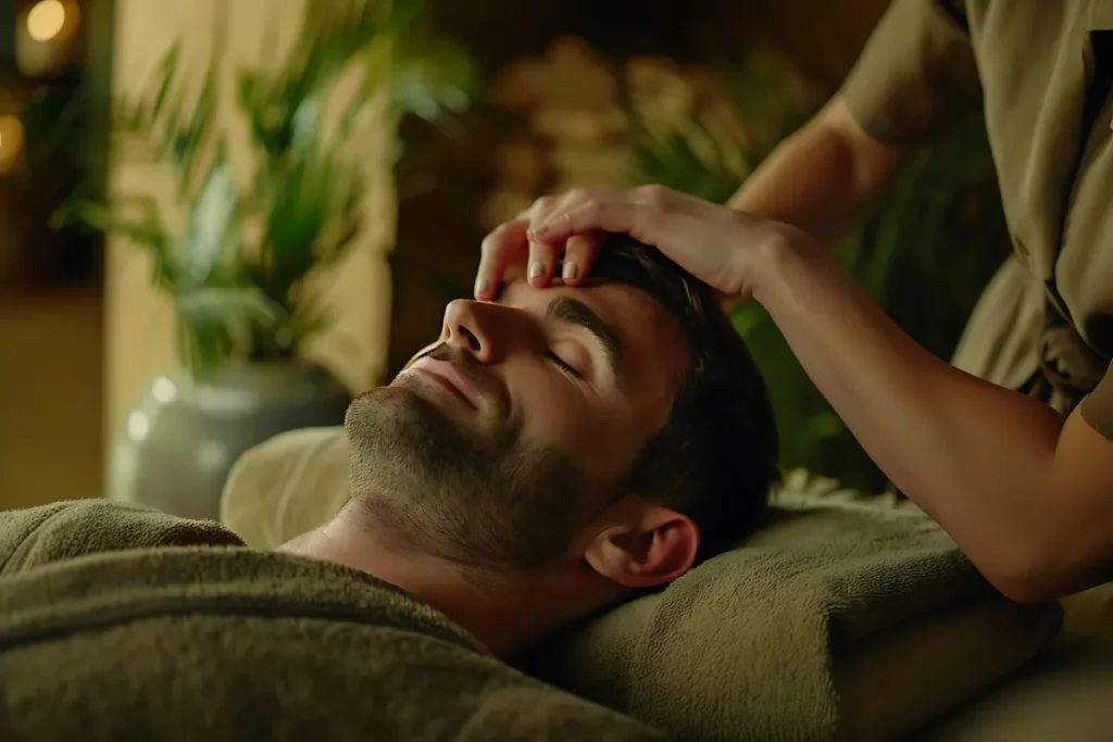 Homem recebendo massagem facial e na testa em ambiente de spa rústico e natural, promovendo relaxamento e equilíbrio dos hormônios que regulam o sono.