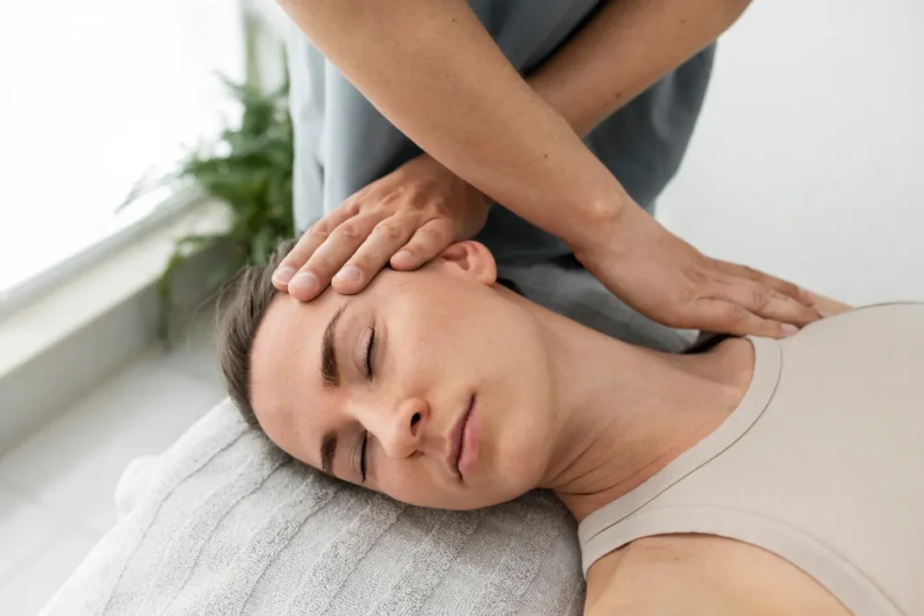 Homem recebendo massagem shiatsu na região do pescoço durante sessão terapêutica de relaxamento muscular.